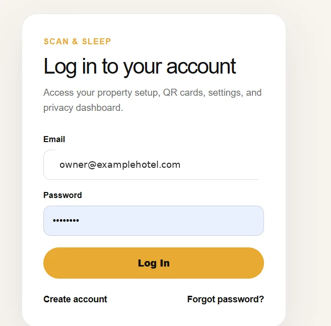 Scan and Sleep owner login page