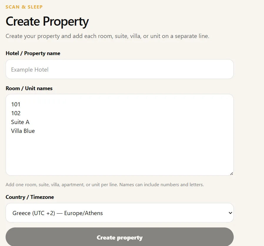 Create Property form with room list and timezone