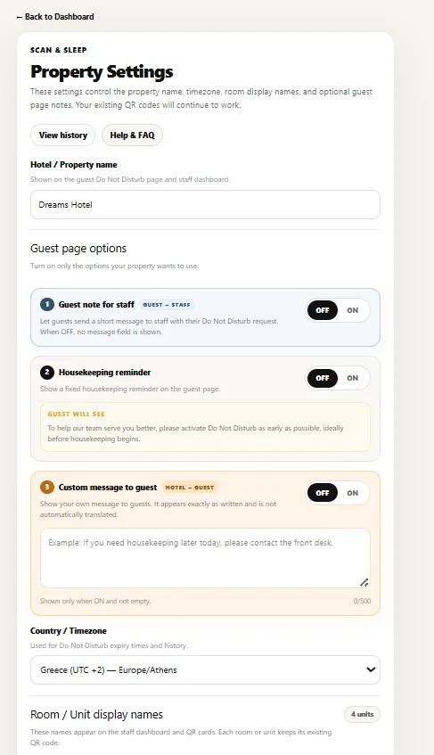 Scan and Sleep Property Settings options