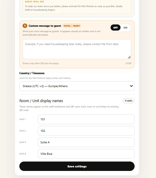 Room display names and Save settings button